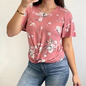 Blush pink white floral twisted hem shirt